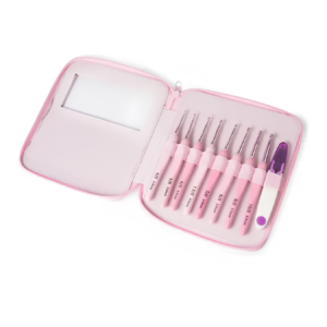 Set de 8 Crochet con Cartuchera Rosa + Cortahilacha